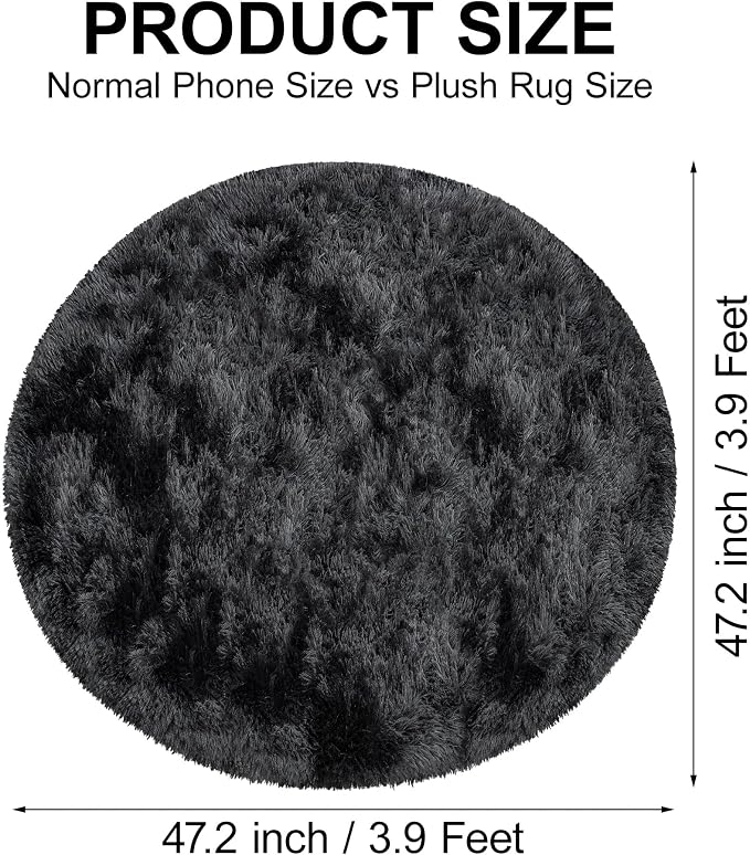 4x4 ft Tie Dye Black Round Rug for Bedroom Room Fluffy Circle Rug Furry Carpet - Image 2