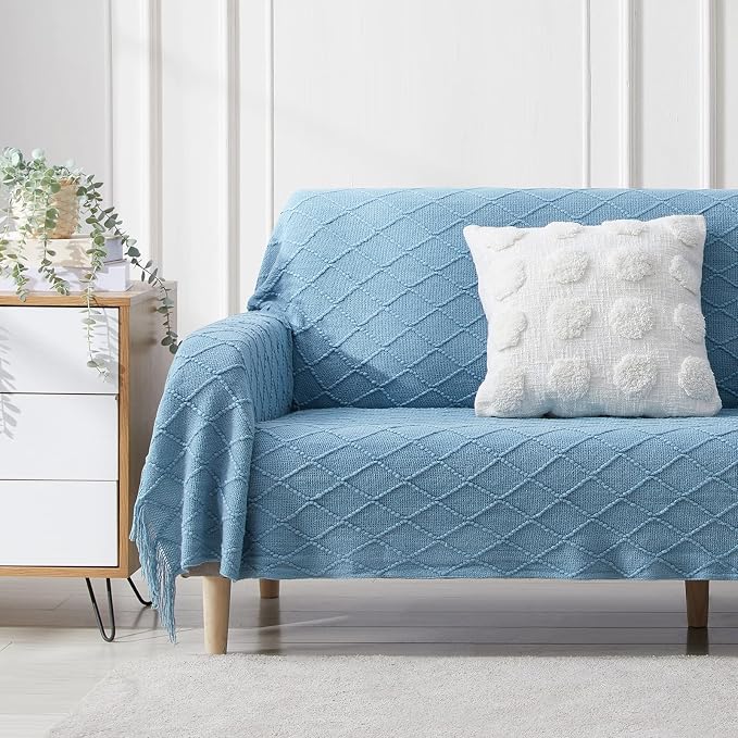 BOURINA Blue Throw Blanket 50 x90 Inches Throw Textured Solid Soft Sofa Throw - Image 2