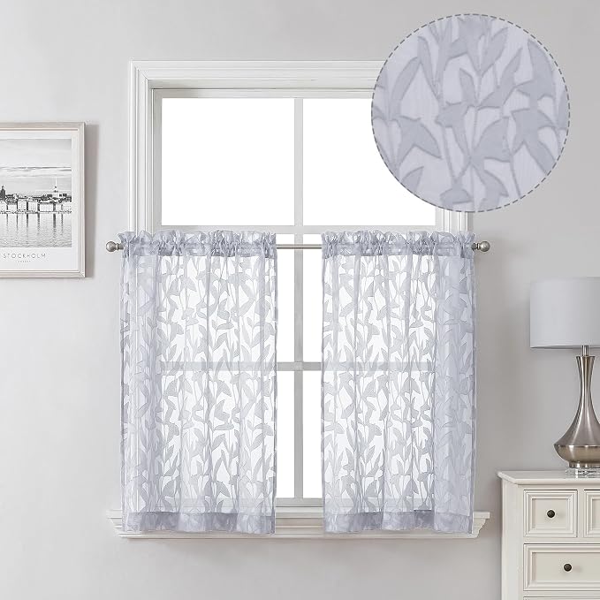 Lecloud Leia 2 PCS Light Grey Sheer Kitchen Curtains 36 Inch Length, Breathable by Lecloud