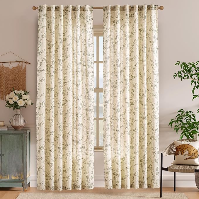Lazzzy Green Floral Curtains 84 Inch Length Linen Farmhouse Curtain Back Tab - Image 2