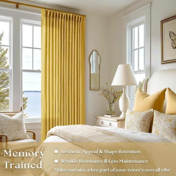 Mustard Yellow Pleated Semi Sheer Linen Curtains 102 Inches Long 2 Panel | - Image 2
