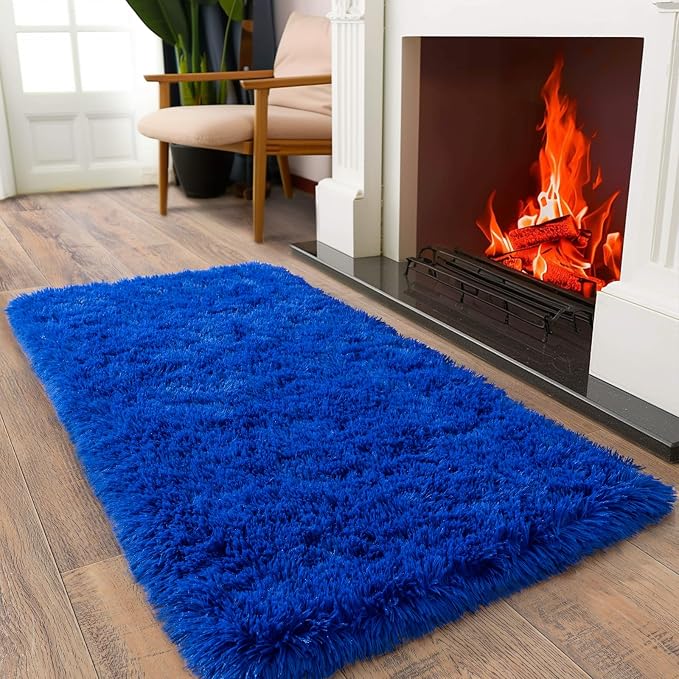 Soft Runner Rugs for Bedroom Hallways, 2x4 Royal Blue Fluffy Shag Throw Area - Image 3