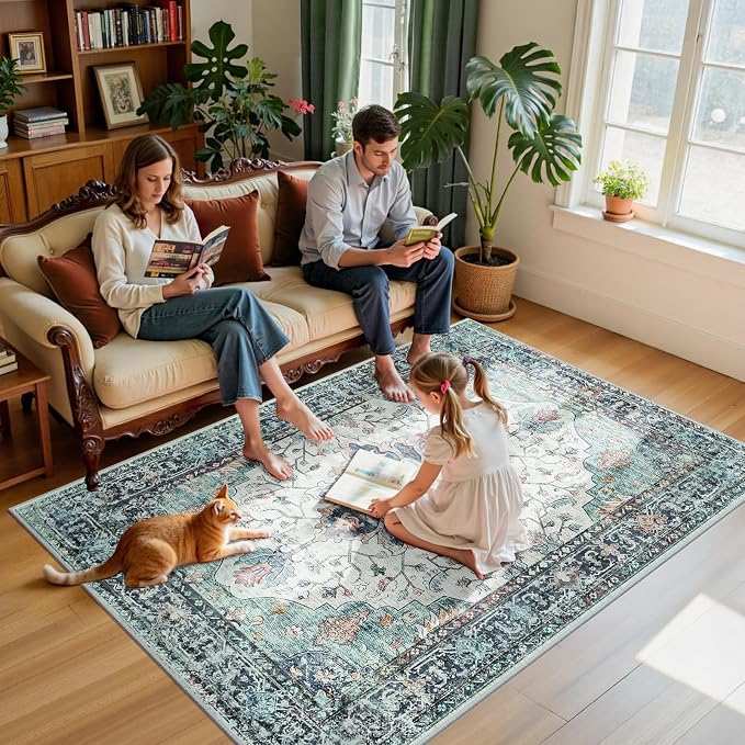 Area Rugs 5'x7' Washable Non-Slip, Floral Vintage Distress Print Pattern - Image 3