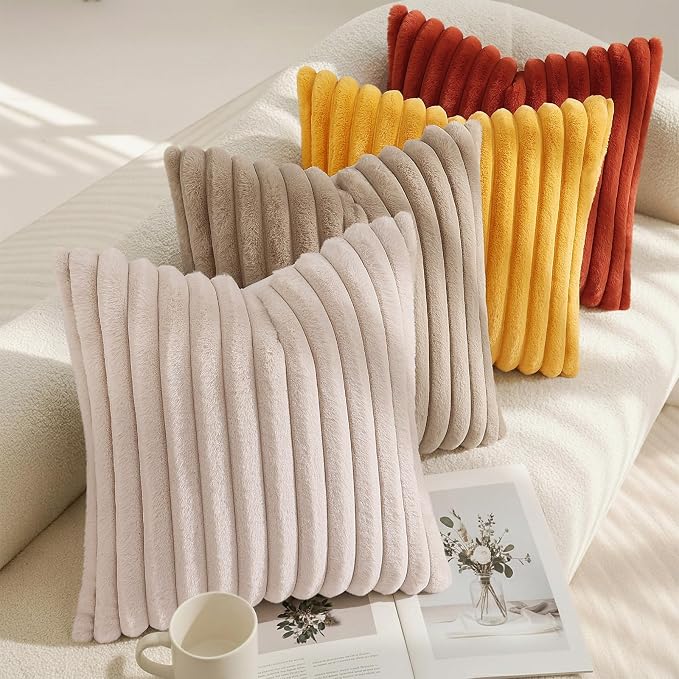 decorUhome Fall Faux Fur Throw Pillow Covers 24x24 Set of 2 Mustard Yellow | - Image 7
