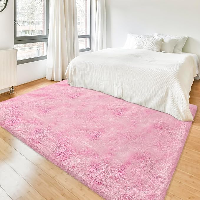 Tie-Dye Pink Fluffy Rug for Bedroom 4x6ft Soft Shag Area Rug Mat Bedside Throw by JiaoBaba