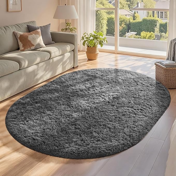 Ophanie 4x6 Oval Grey Rugs for Bedroom Living Room, Fluffy Fuzzy Furry Carpet by Ophanie