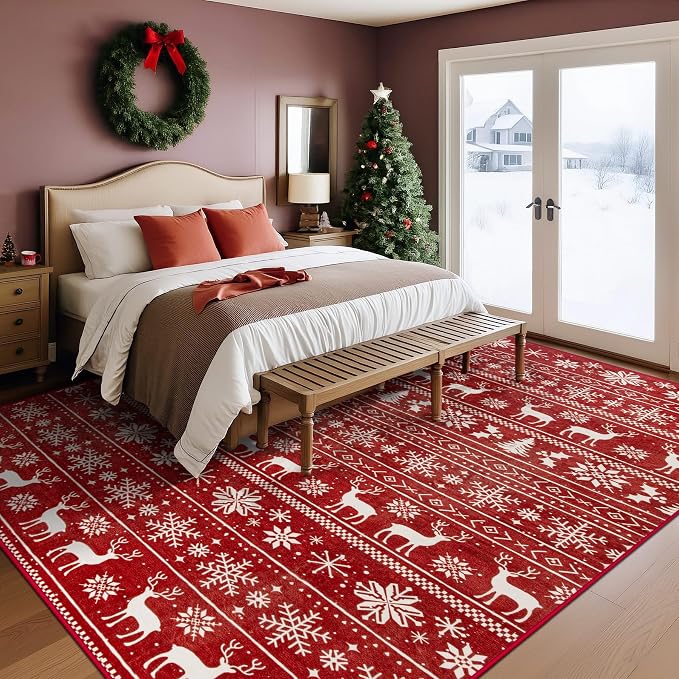 Christmas Rug 8x10 Washable Rugs, Boho Christmas Tree Snowflake Rug Non-Slip - Image 8