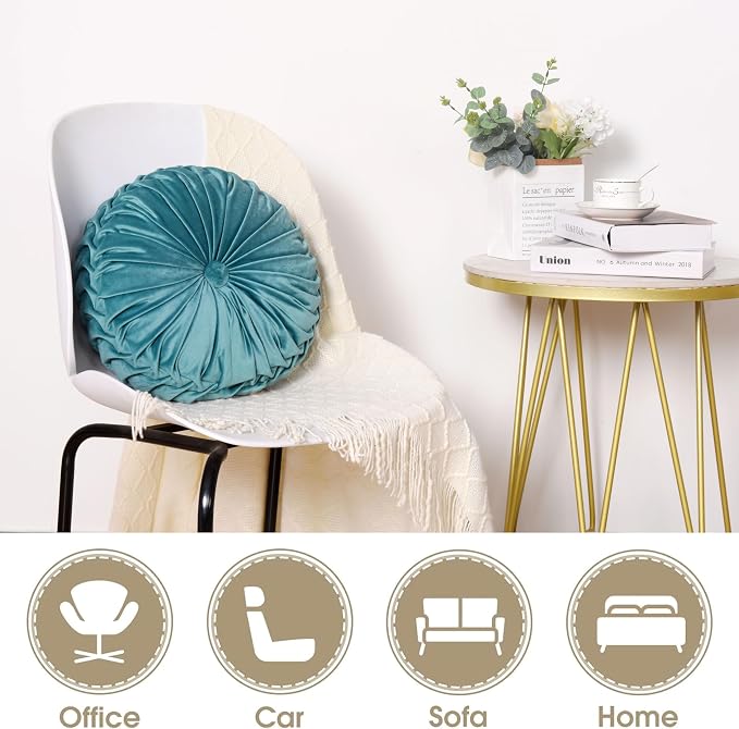 HIG Set of 2 Teal Ruched Velvet Round Throw Pillows – 14.5’’ Decorative Pillows - Image 4