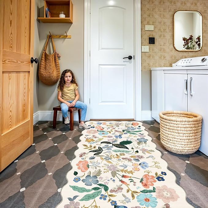 Washable 3x6 Hallway Runner Rug: Floral Scalloped Soft Runners - Image 4