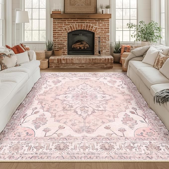 Area Rugs Square 8ft Washable Non-Slip, Floral Vintage Distress Print Pattern by RELEANY