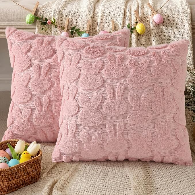 decorUhome Easter Bunny Pillow Covers 18x18 Inch Set of 2, Soft Plush Faux Wool - Image 4