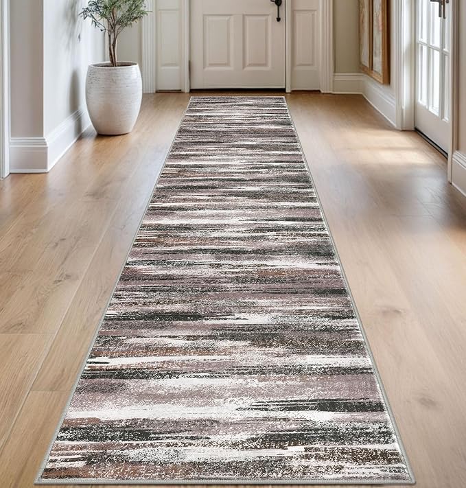 Lansny Modern Abstract Runner Rug 2.6x14, Dark Light Brown White Washable Long by lansny