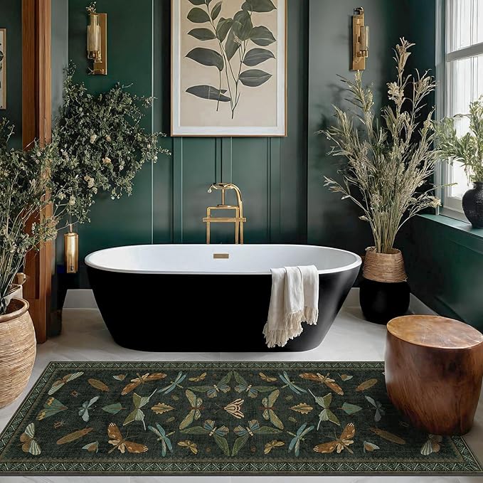 Hazo Haus Dark Green Insect 2x5 Bathroom Runner Rug by HazoHaus