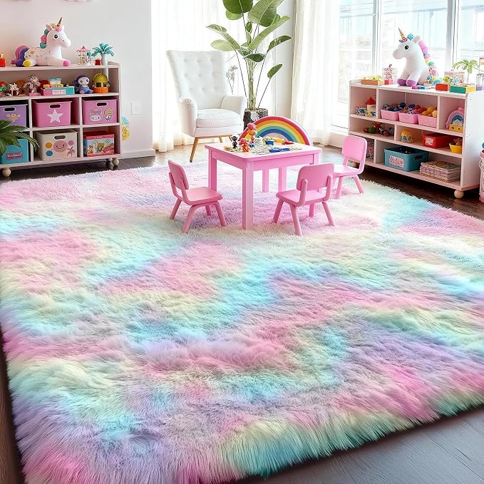 Fluffy Vibrant Rainbow Rugs for Bedroom 5x7 Ft, Colorful Unicorn Girls Rugs | - Image 5