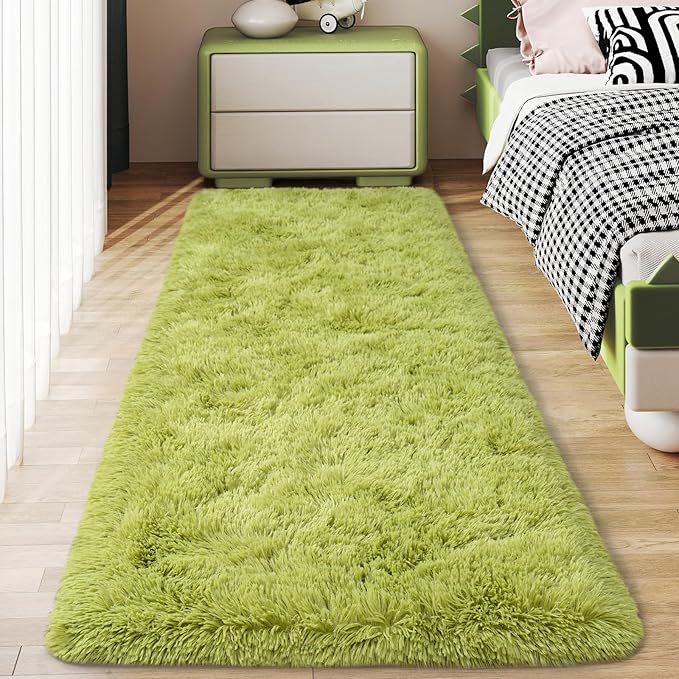 Soft Runner Rugs for Bedroom Hallways, 2x6 Grass Green Fluffy Shag Throw Area by Ailyei