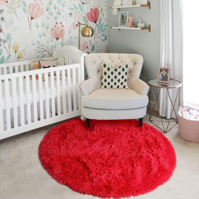 Red Round Circle Rug 6Ft for Bedroom, Large Fluffy Shag Area Rugs for Kids Room - Image 7