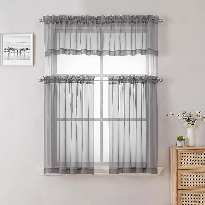 Lecloud Charcoal Grey Sheer Curtains 14 Inch Length 2 Panels Set, Light - Image 2