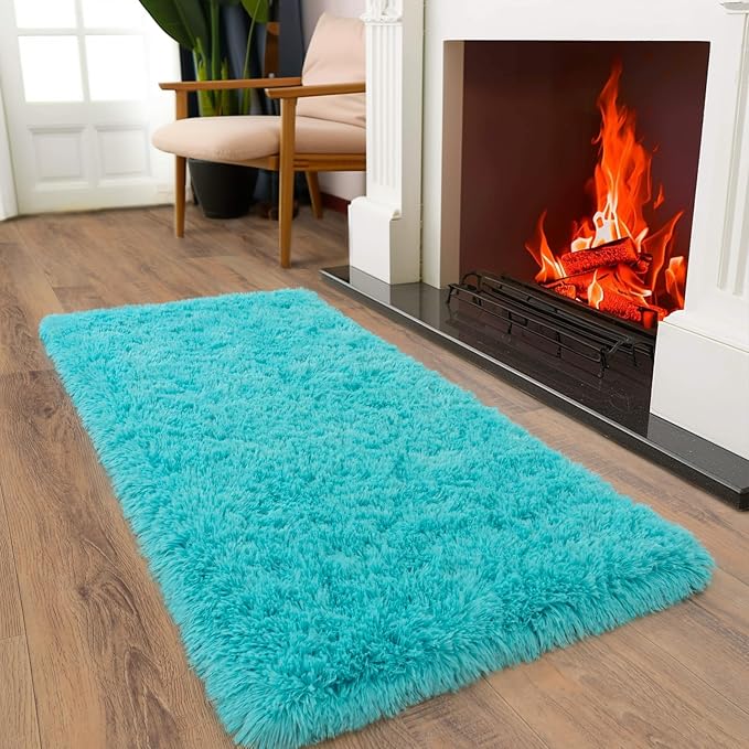 Soft Runner Rugs for Bedroom Hallways, 2x4 Teal Blue Fluffy Shag Throw Area Rug - Image 4