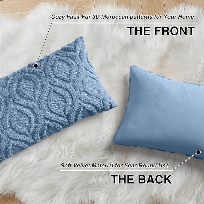 decorUhome Throw Pillow Covers 12x20 Inch Set of 2, Soft Plush Faux Wool Blue - Image 8