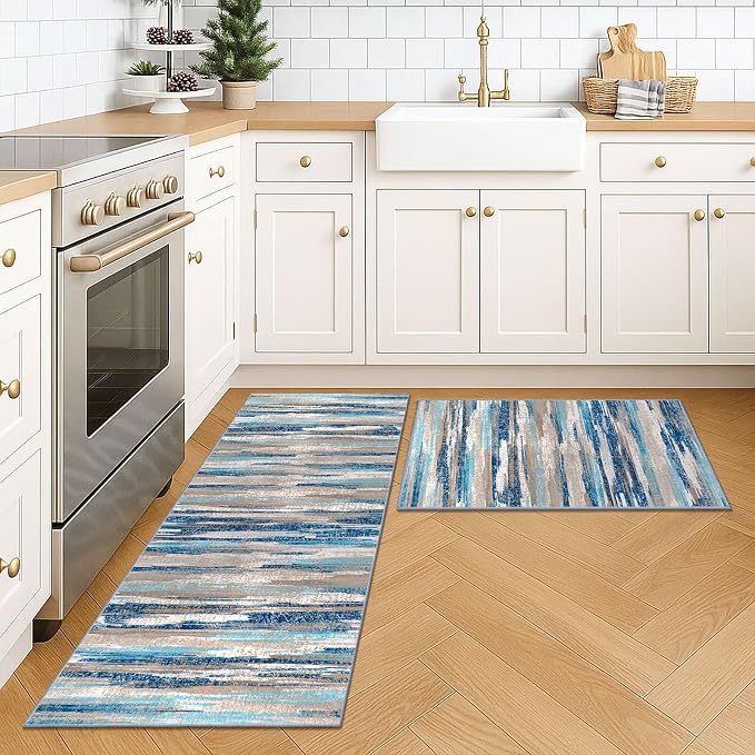 Lansny Modern Abstract Kitchen Rug Set of 2, 2x3 and 2x5 Blue Washable Rug - Image 2
