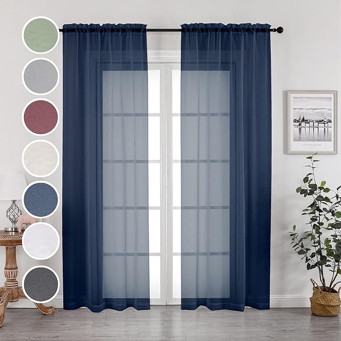 OWENIE Navy Blue Sheer Curtains 96 Inches Long 2 Panels Set, Elegant Sheer by OWENIE