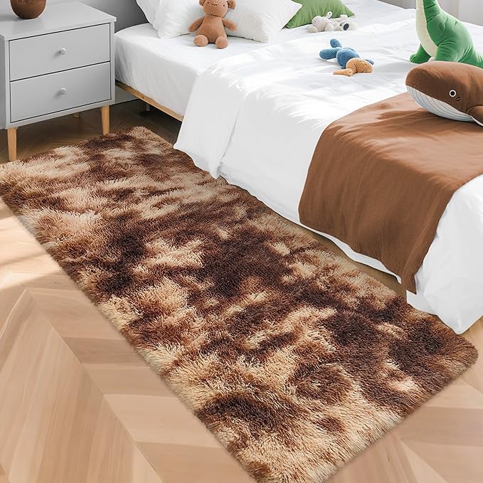 Super Soft Fluffy Living Room Area Rug 2x5 ft Tie-Dyed Brown Shaggy Furry by JiaoBaba