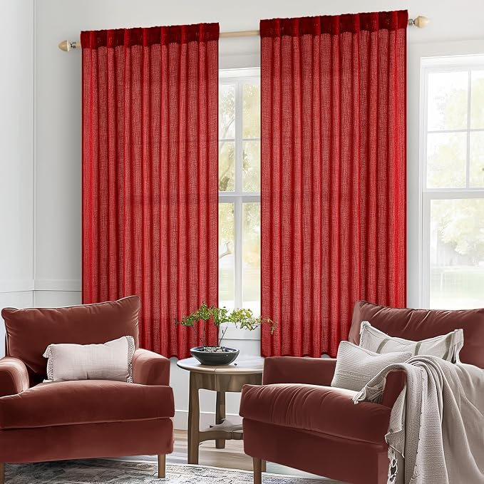 MIULEE Red Linen Short Curtains 63 Inch Length 2 Panels - Image 2