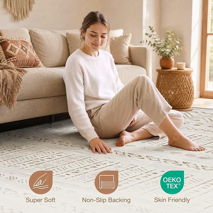 cotiled Boho 9x12 Area Rug for Living Room: Large Moroccan Washable Rug | Stain - Image 4
