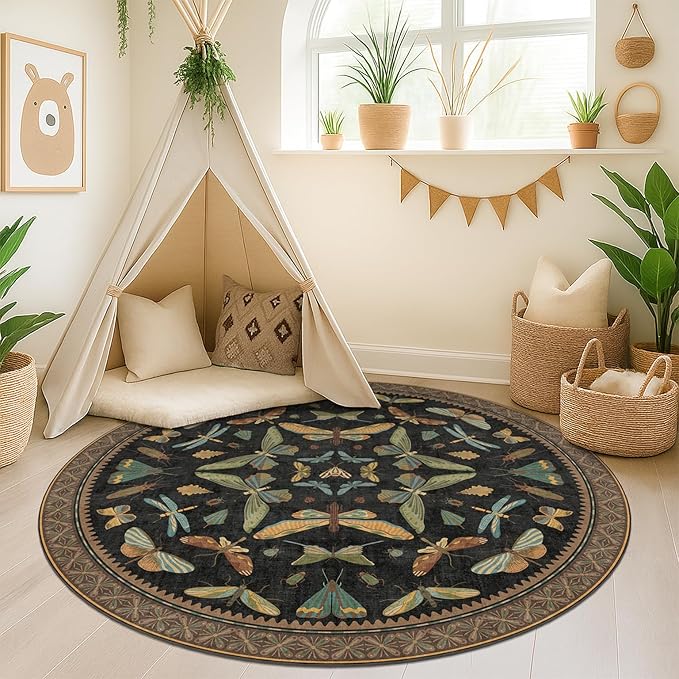 Black Boho 5ft Round Throw Rugs - Image 3