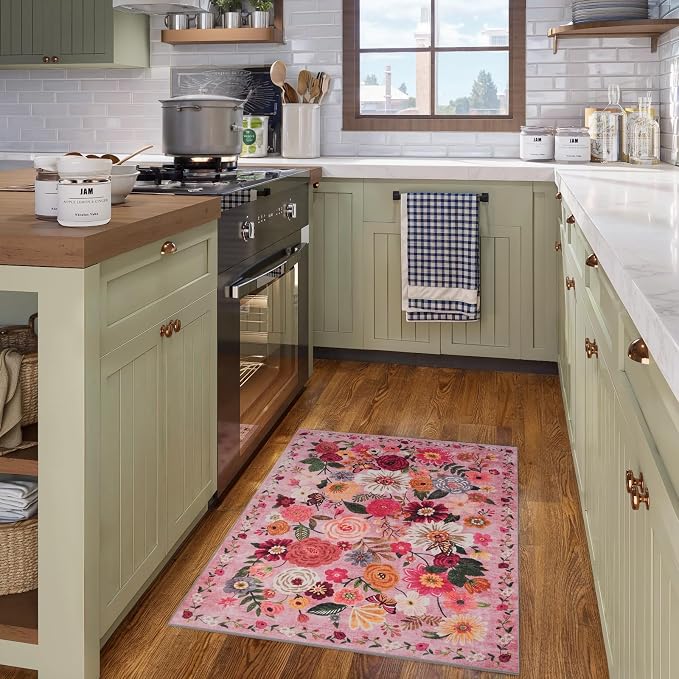 Pink Floral Rug for Entryway, 2X3 Washable Kitchen Mat Ultra-Thin Soft - Image 2
