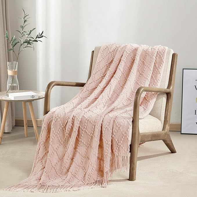 BOURINA Pink Throw Blanket 50 x70 Inches Jacquard Argyle Throw Textured Solid - Image 2