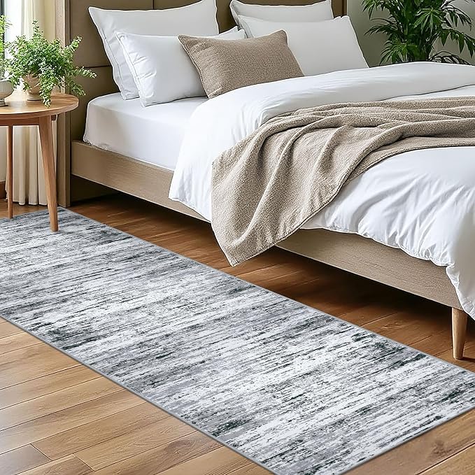 Lansny Modern Abstract Bedroom Runner Rug 2x7, Non-Slip Soft Thin Faux Wool Mat by lansny