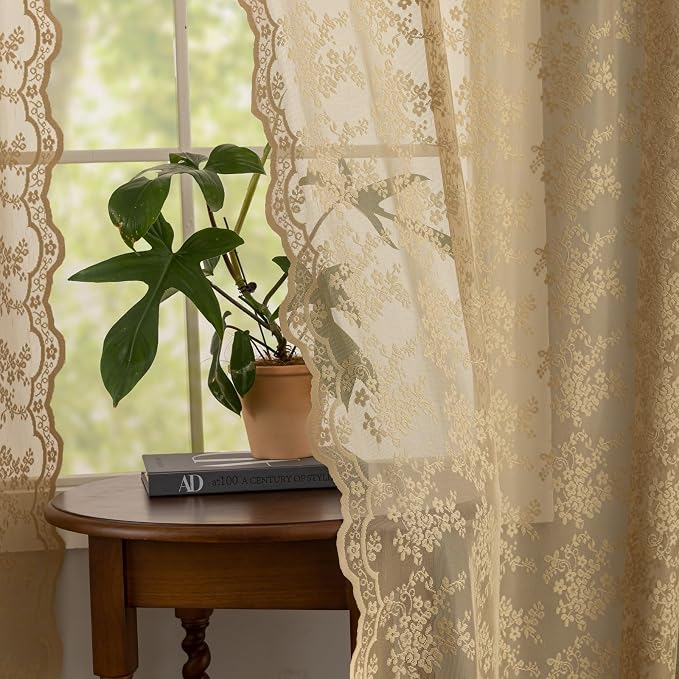 YJ YANJUN Vintage Lace Curtains 63 Inch Length 2 Panels Earthy Neutral Taupe - Image 3