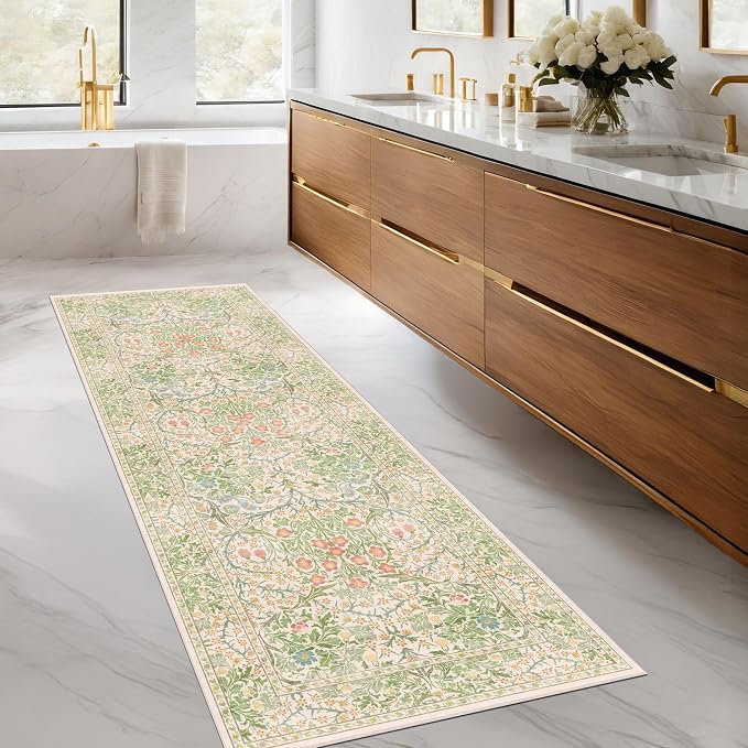 Hazo Haus Non Slip Beige Green Bathroom Runner Rug - Image 7