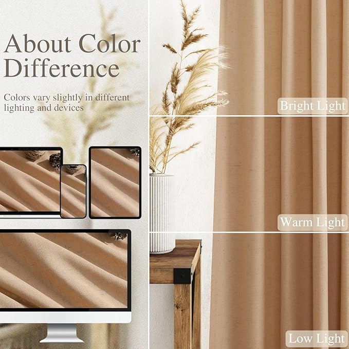 Nanspring Camel Linen Curtains for Living Room 92 Inches Long Back Tab and Rod - Image 3