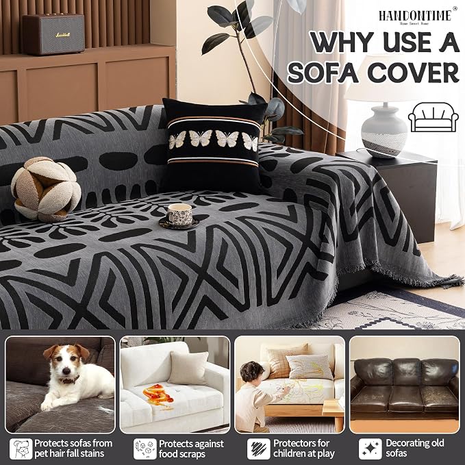 HANDONTIME Boho Couch Cover Blanket Geometric Striped Pet Covers - Image 5