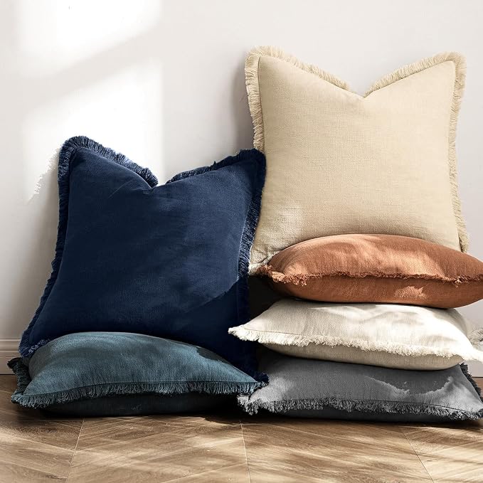 MIULEE Linen Fringe Decorative Euro Throw Pillow Covers Dark Navy 26x26 | Set - Image 4