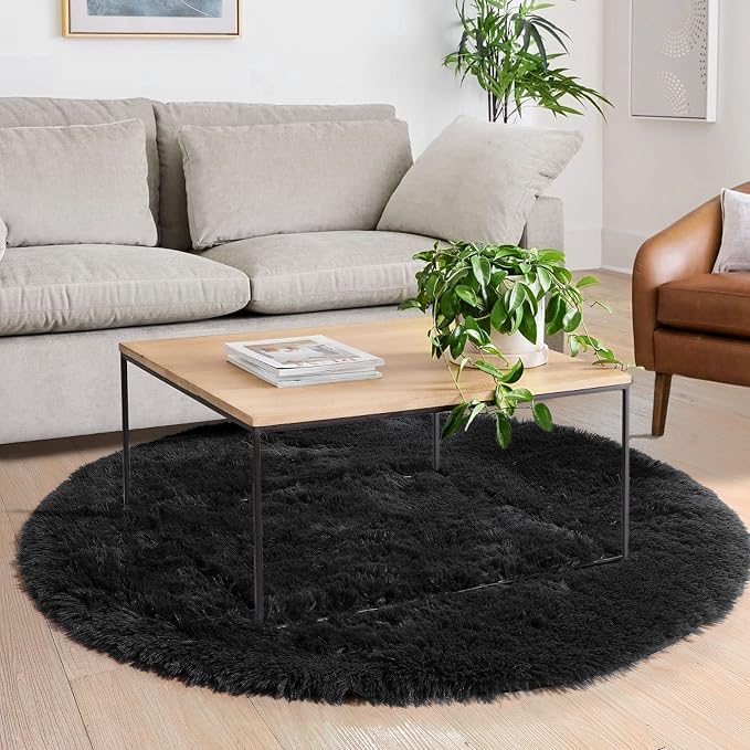 Black Small Round Rug 3Ft for Bedroom, Fluffy Circle Area Rugs for Living Room - Image 5
