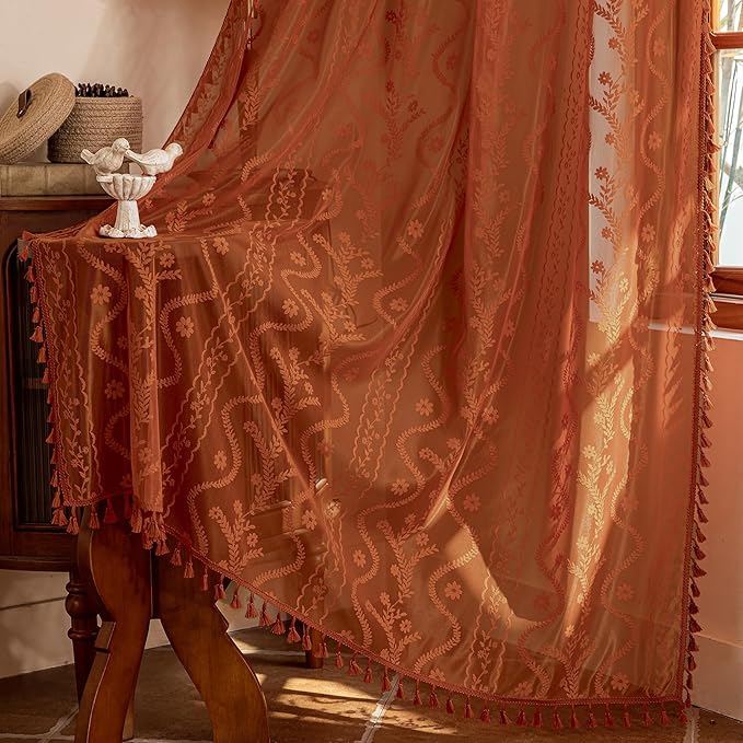 WAZZIO Boho Lace Curtains 96 Inch 2 Panels-Vintage Sheer Panel Drape Floral by WAZZIO