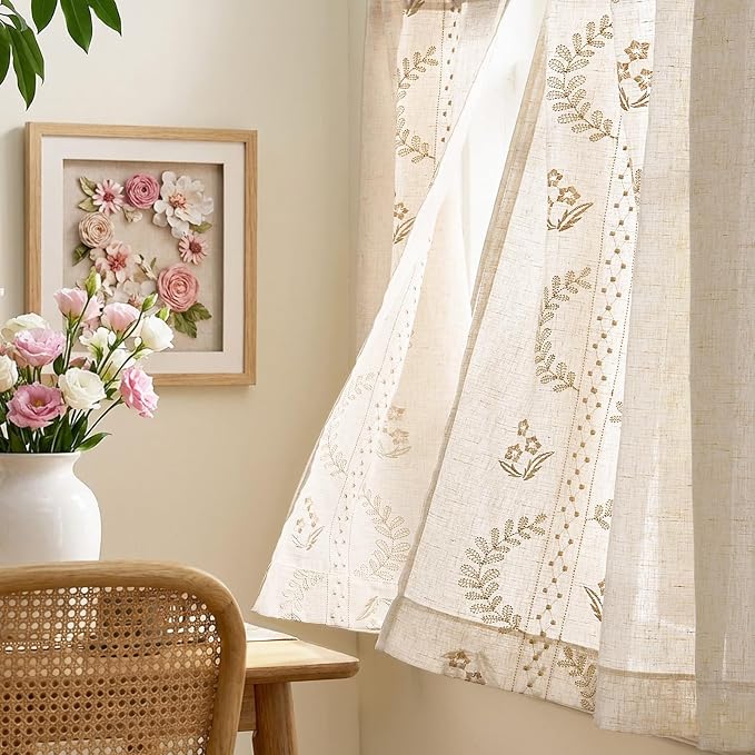 jinchan Belrose Linen Floral Kitchen Curtains 24 inch Length Embroidered - Image 4