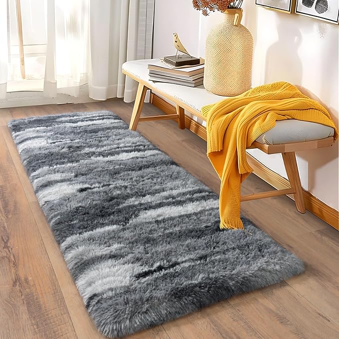 Soft Runner Rugs for Bedroom Hallways, 2x5 Abstract Grey Fluffy Shag Throw Area - Image 3