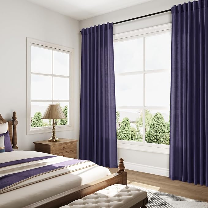 Extra Long Curtain Purple Morden Linen Blend Light Filtering Back Tab Curtains - Image 8