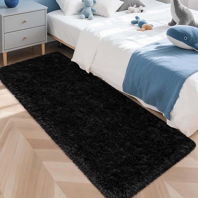 2x5 Bedside Area Rugs for Bedroom Soft Fluffy Shag Black Rug for Hallway by JiaoBaba