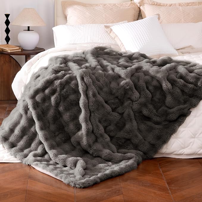 Ultra Soft Cozy Faux Fur Throw Blanket, Fuzzy Plush Thick Bubble Blanket by blunique