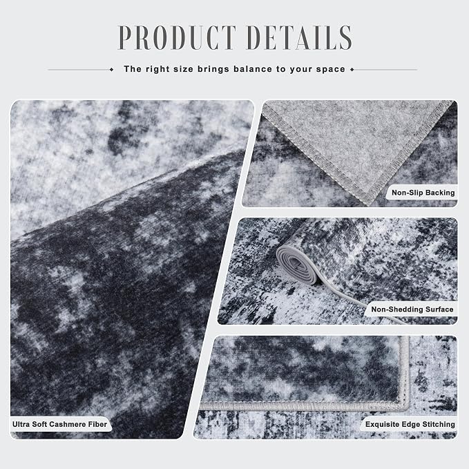 2.6x10 Washable Runner Rug:Modern Abstract Indoor Carpet Black | - Image 7