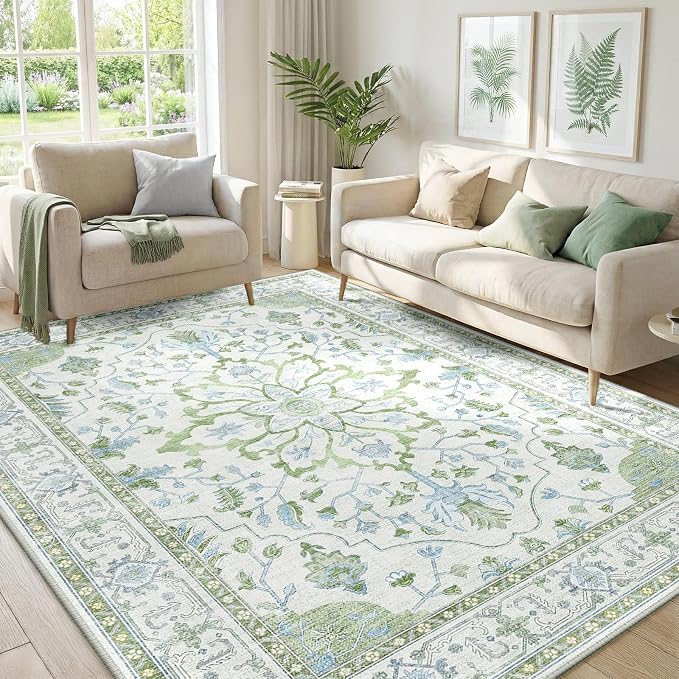 RELEANY Area Rugs 5'x7' Washable Non-Slip, Floral Vintage Distress Print by RELEANY