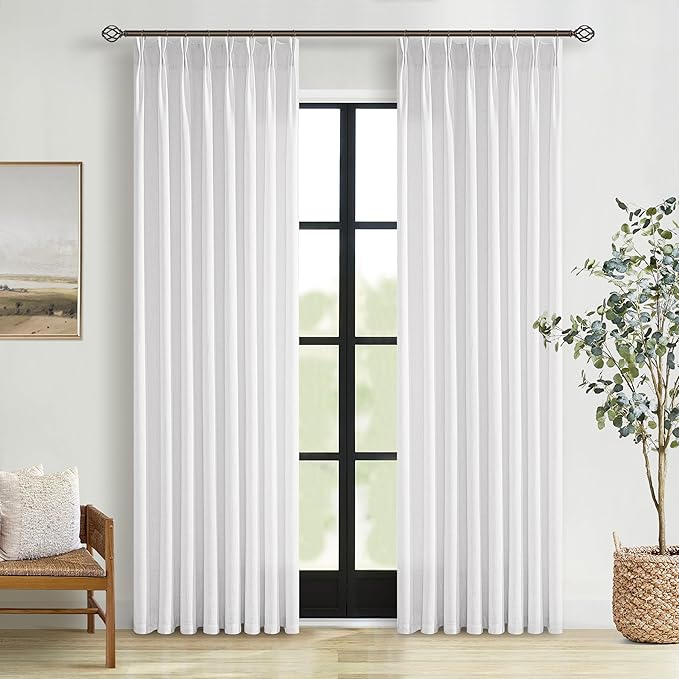 Linen Pleated Light Filtering Semi Sheer White Curtains 108 Inches Length | by Twodrapes