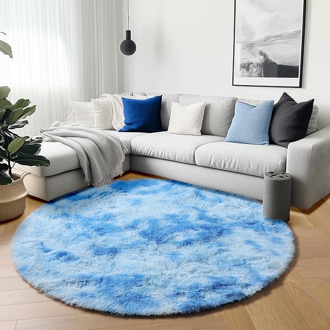 ONASAR Round Rugs 5ft for Bedroom Living Room, Tie-Dye Blue Fluffy Circle Area by ONASAR