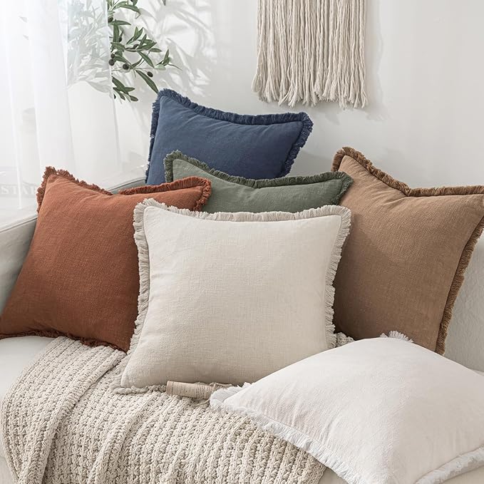 MIULEE Decorative Throw Pillow Covers Neutral Linen Fringe Throw Pillows Set of - Image 4