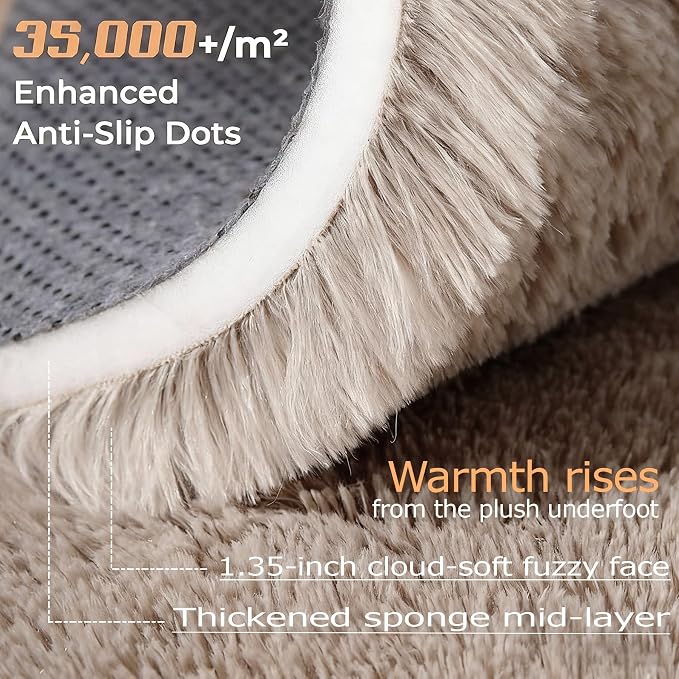 Camel Round Rugs for Bedroom: 4ft Circle Fluffy Shag Soft Washable Rug Small - Image 2